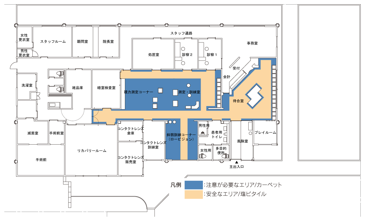 サインや色彩計画には色の評価シミュレーションを実施。竣工後、デザインの効果を検証した1階平面図 